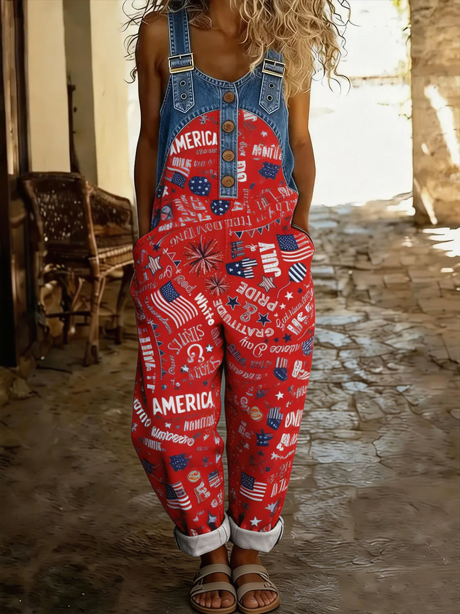 Women's Retro Style Art Print Washed Cotton Denim Patchwork Jumpsuit